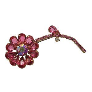 Vintage Juliana Pink Rhinestone Flower Brooch Pin Gold Tone Open Backing 3.5in